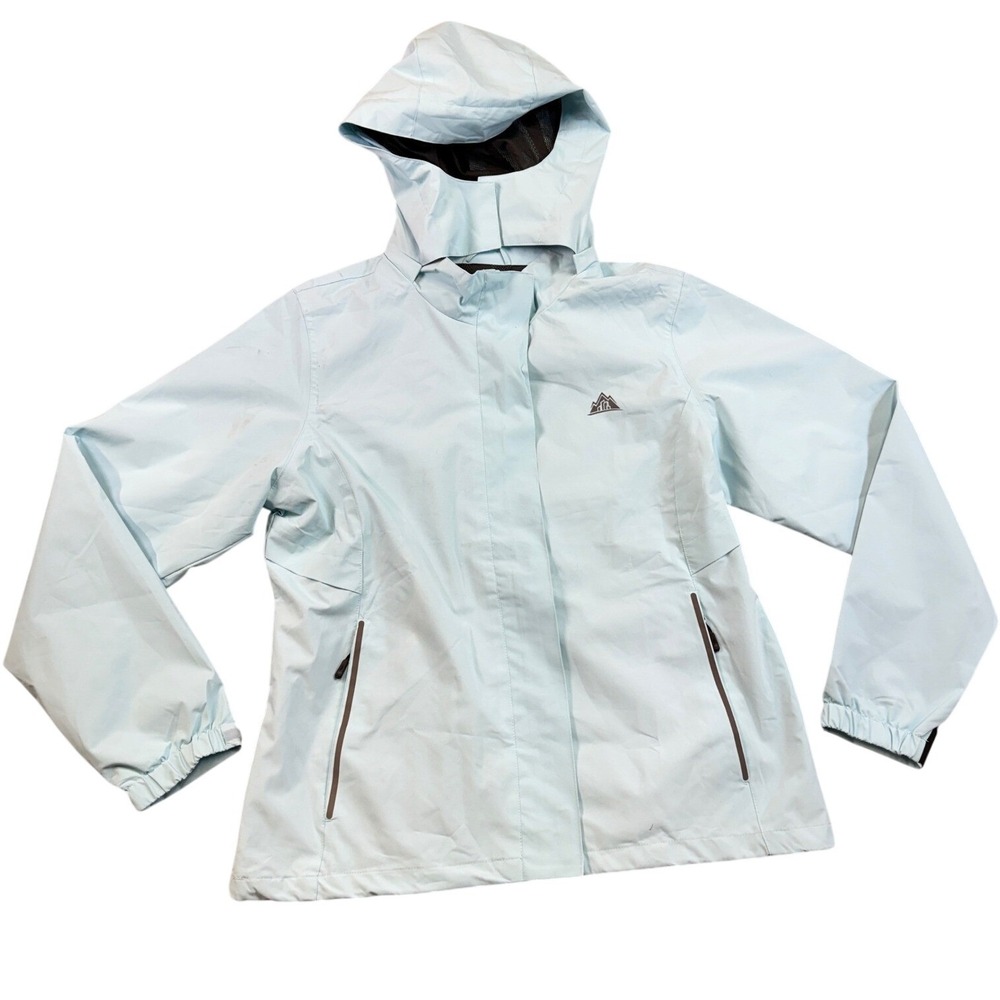 Moerdeng‎ Womens Baby Blue Hooded Rain Jacket Size Large Full Zip Windbreaker
